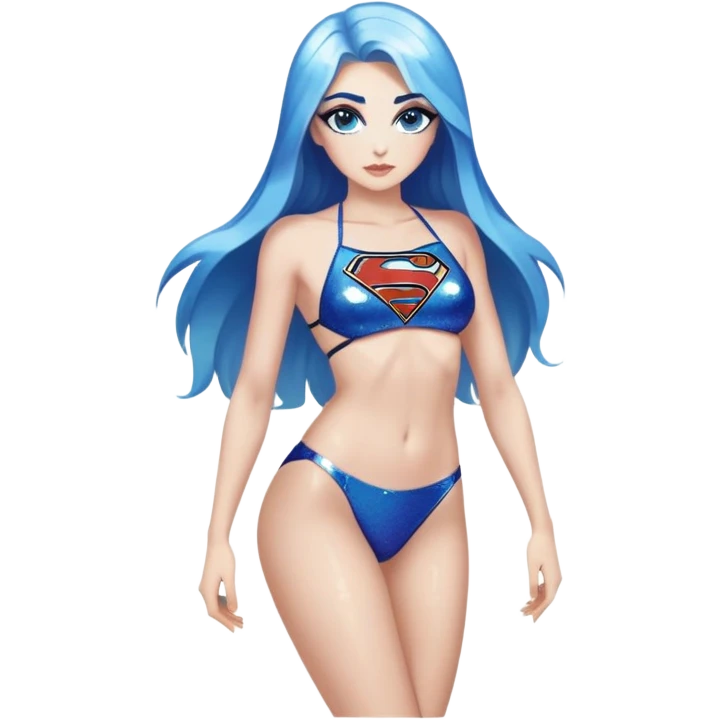 long legs-very very very large upper body-sexy face-bending forward at waist-very long very straight dark blue faded to light blue hair-and-blue eyes-black eyeliner-thick long eyelashes-iridescent bikini with glitter superman logo emoji