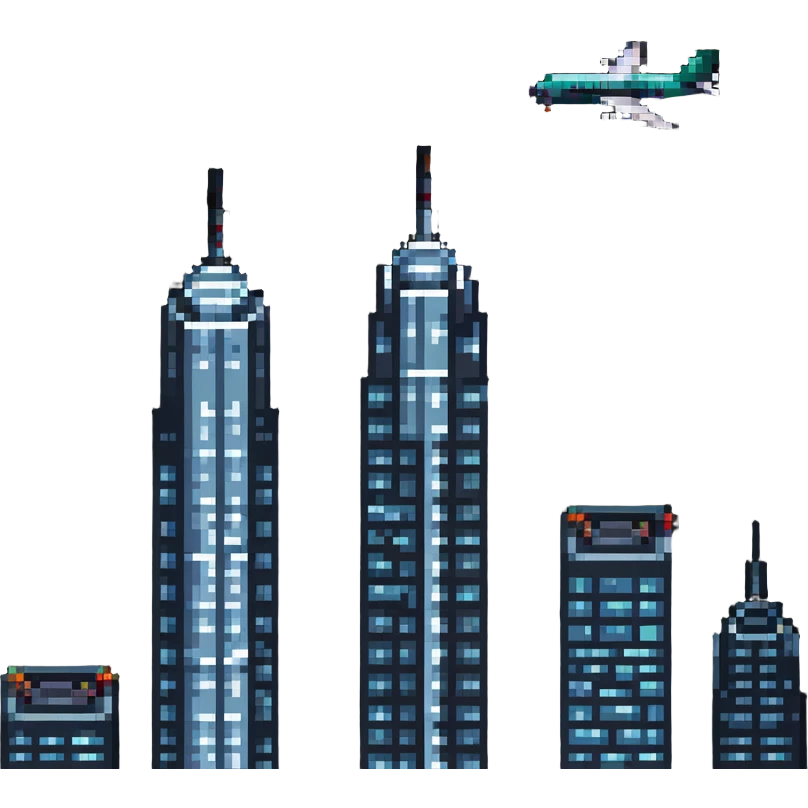 two skyscrapers and a plane flying towards them emoji