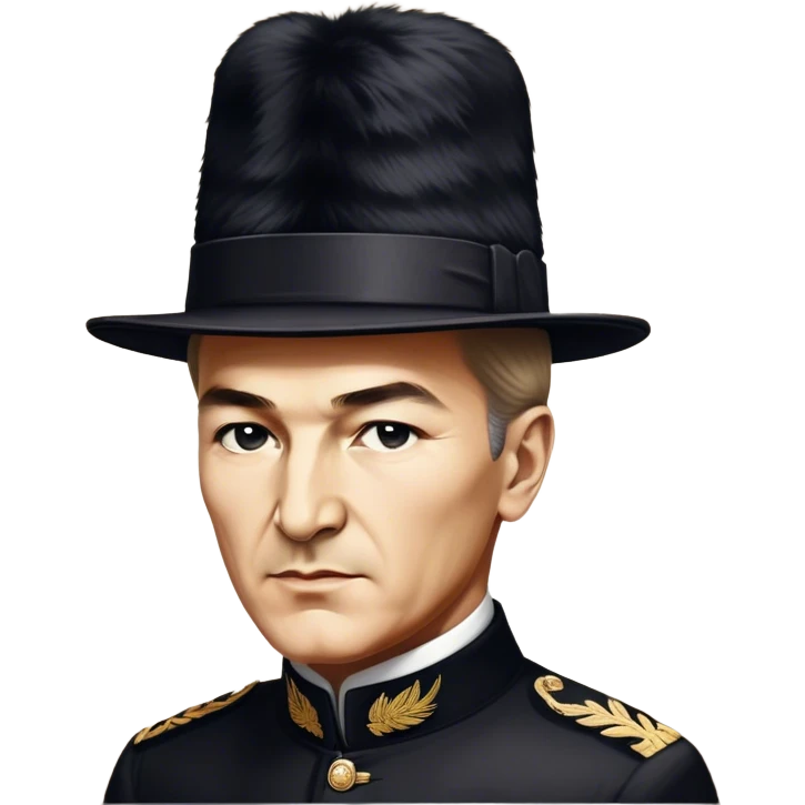 ​Cinematic Realistic Portrait of a Young Mustafa Kemal Atatürk, depicted wearing an iconic tall black fur hat along with traditional attire, his confident, visionary expression illuminated by warm, inspiring lighting, rendered with rich historical textures that capture his youthful dynamism and transformative leadership, emoji
