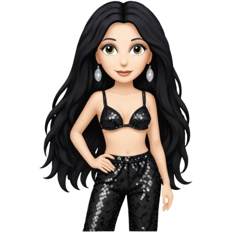 Cher with long black hair, black sequin bra, black sequin baggy pants emoji