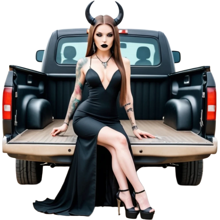 Sensual queen long brown straight haired mafia woman with black shiny platform high heels on her feet, black devil horns on her head, tattoos on arms , holding a human head skull. in the back seat of a large big new model F350 pickup truck full of cash wearing long sex dress with big butt emoji