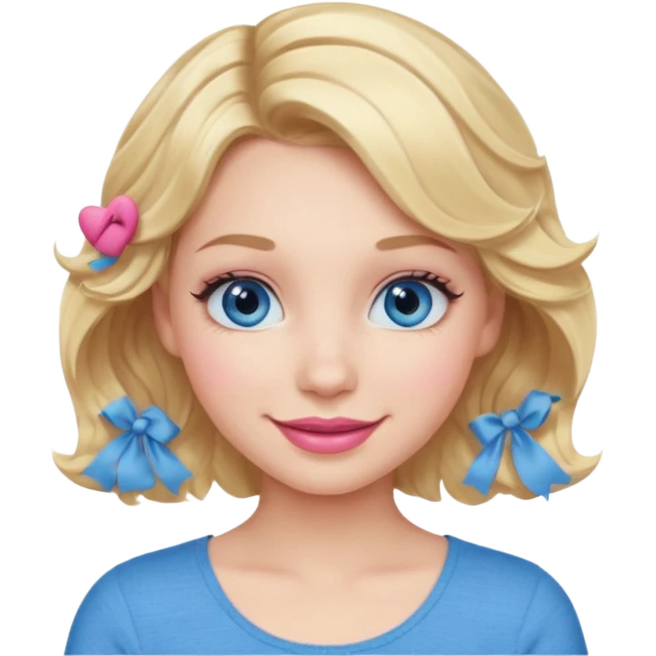 Girl Blonde short wavy hair,  blue eyes, cute blue top, long lashes, pink lips, smiling, 💁🏻‍♀️  emoji