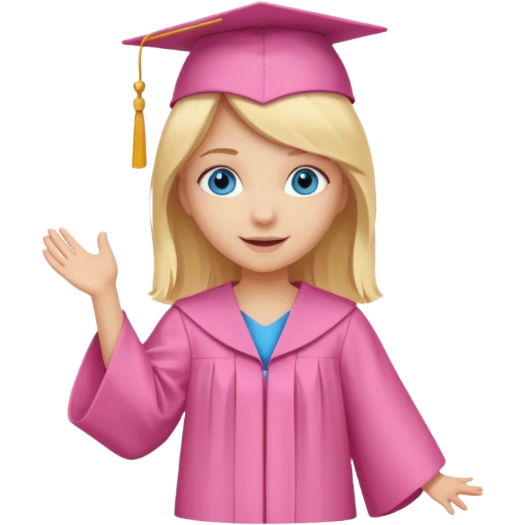 blonde hair blue eyed girl wearing a pink graduation cap and gown, full body, cheerful expression emoji