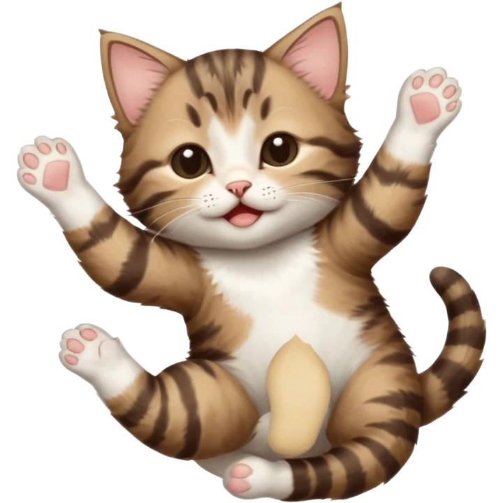 dark brown tabby and white kitten with his eyes closed whilst in funny positions stretched out and  upside down emoji