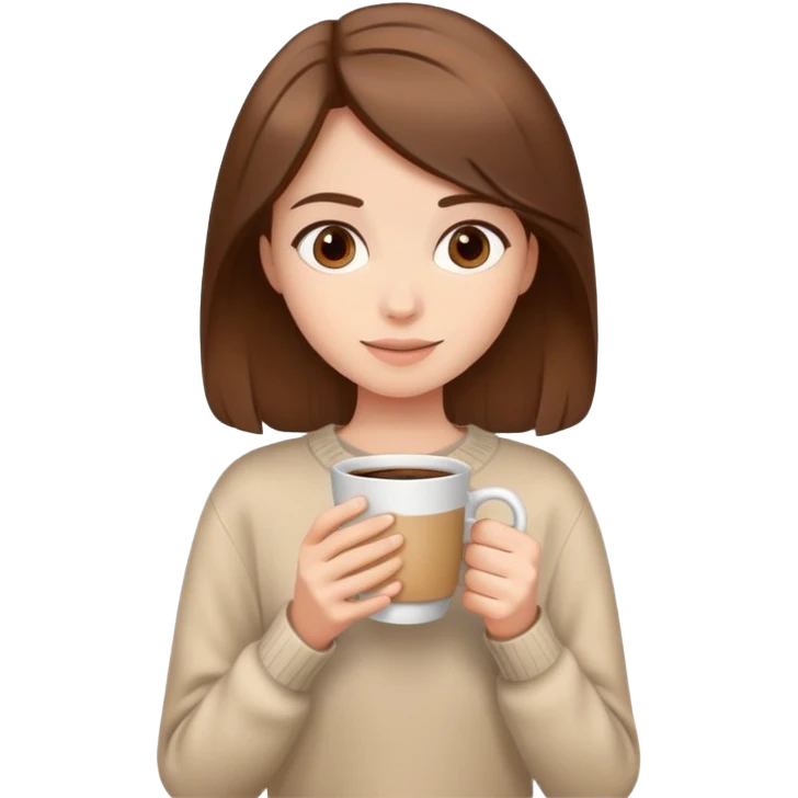 Girl with brown hair in beige sweater and coffee in hand  emoji