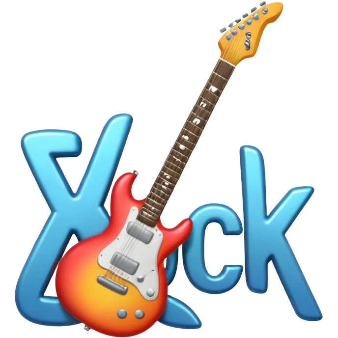 A 3D Apple-style emoji showing the word "ROCK" in bold metallic letters, with a small electric guitar leaning on the text, vibrant glowing effect, playful and energetic cartoon style, symbolizing rock music. emoji