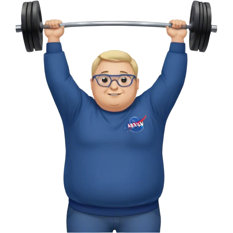 happy chubby man, lifts weights over the head,  blond short and hight receding hairline, wearing a dark blue sweatshirt, nasa logo on the sweatshirt, round glasses without frame, 40 years old emoji