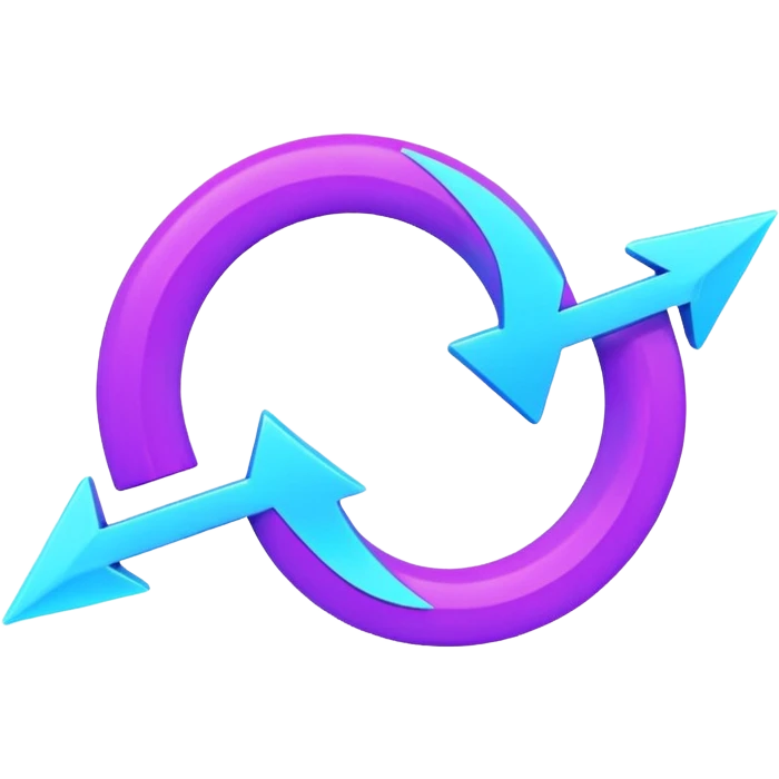 Circular loop arrow in Virtuosa style: smooth rounded shape forming a full loop, neon blue (#00A9F4) and violet (#9A1AFF) glow, futuristic 3D look, friendly and modern. No text. Full background. emoji
