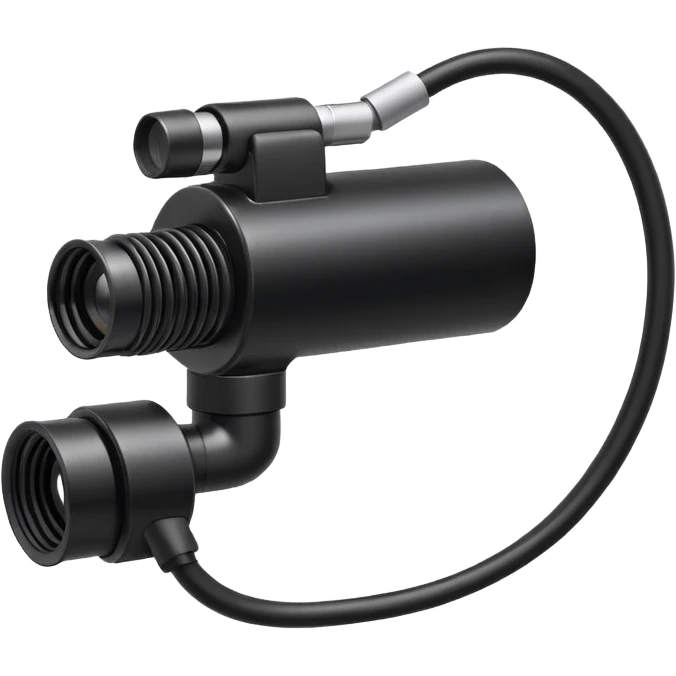 Apple emoji style icon of an endoscope. A minimalist coiled black tube ending in a glowing camera tip. Glossy, rounded, isolated on white background. emoji
