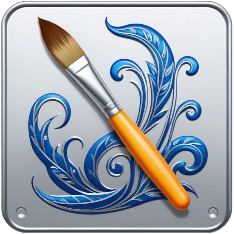 Metal painting icon, intricate hand-painted metal surface with detailed patterns, visible paintbrush, metal tools, vibrant enamel or acrylic paints, finished artwork and the painting process, minimalistic style, clean lines, transparent background. emoji