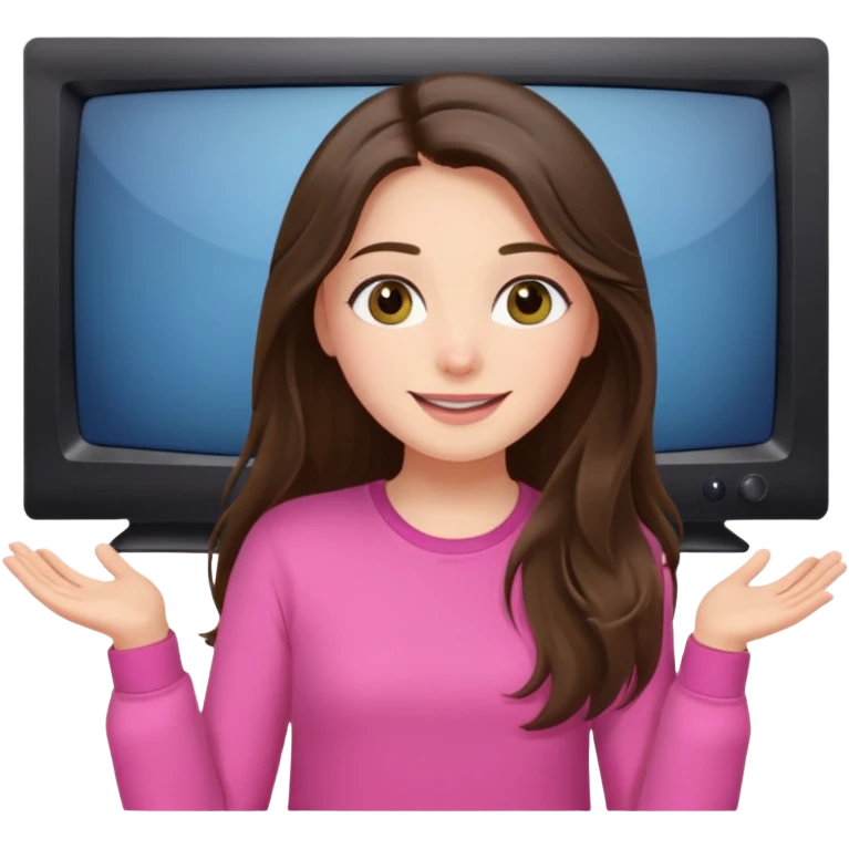 happy long haired brunette girl hazel eyes in pink watching tv emoji