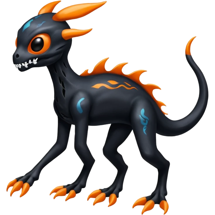 Shiny Spooky Black And Orange Duskull-Salandit-Sylveon-Fakémon-hybrid-creature (full body)  emoji