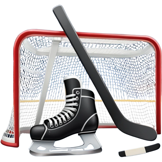 An icon showing a close-up of a hockey stick, puck, skates, and hockey net placed on the ice. The background features a packed stadium with bright lights, cheering fans, and snowy scenery outside. Transparent background highlights the key elements of the game. emoji