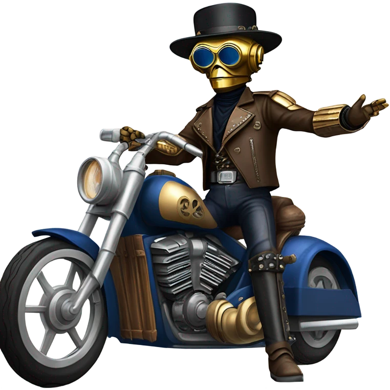 C-3PO wearing a pair of navy-blue sunglasses, hat, leather chaps, fringe jacket riding a steampunk motorcycle on ice  emoji