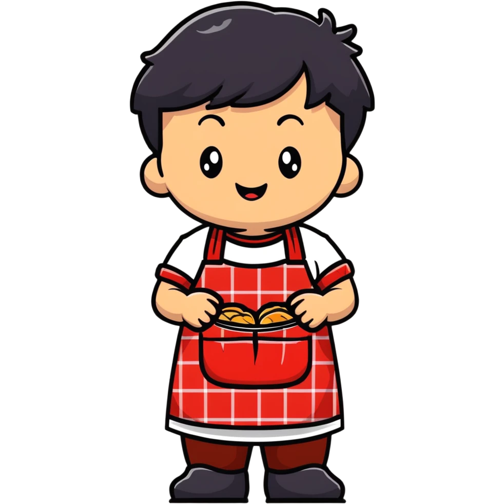 chubby boy with black hair styled upward in front, wearing a red and white checkered plaid apron emoji