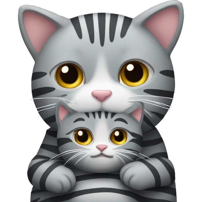 A big grey stripy cat cuddling a small grey stripy cat emoji
