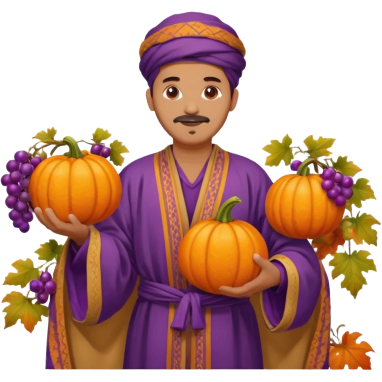 Tan Moroccan man sitting holding with pumpkin and purple grapes in countryside  emoji