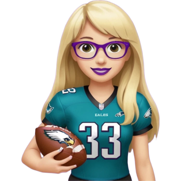 full length women wearing eagles uniform, long blonde hair, blunt bangs, black glasses, holding football, number 33, smiling, purple lipstick emoji
