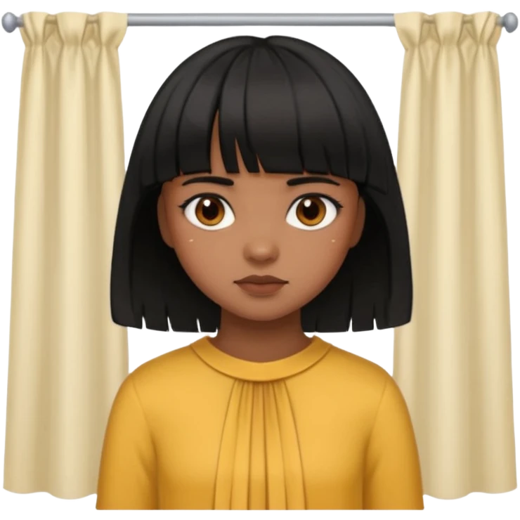 Girl that has a short black hime cut with curtain bangs, then dark brown eyes, and has a bit brown skin emoji