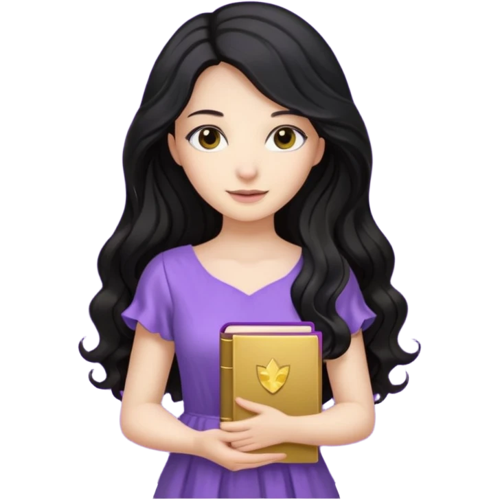 Long Hair Women with purple Book, Black wavy hair, light dress emoji