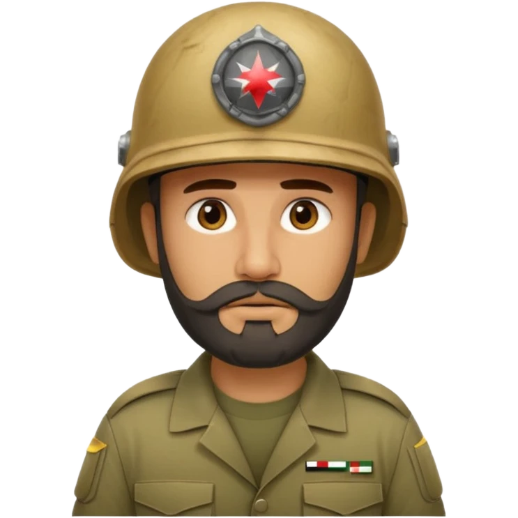 very tired Iraqi military, in a helmet, with a beard emoji