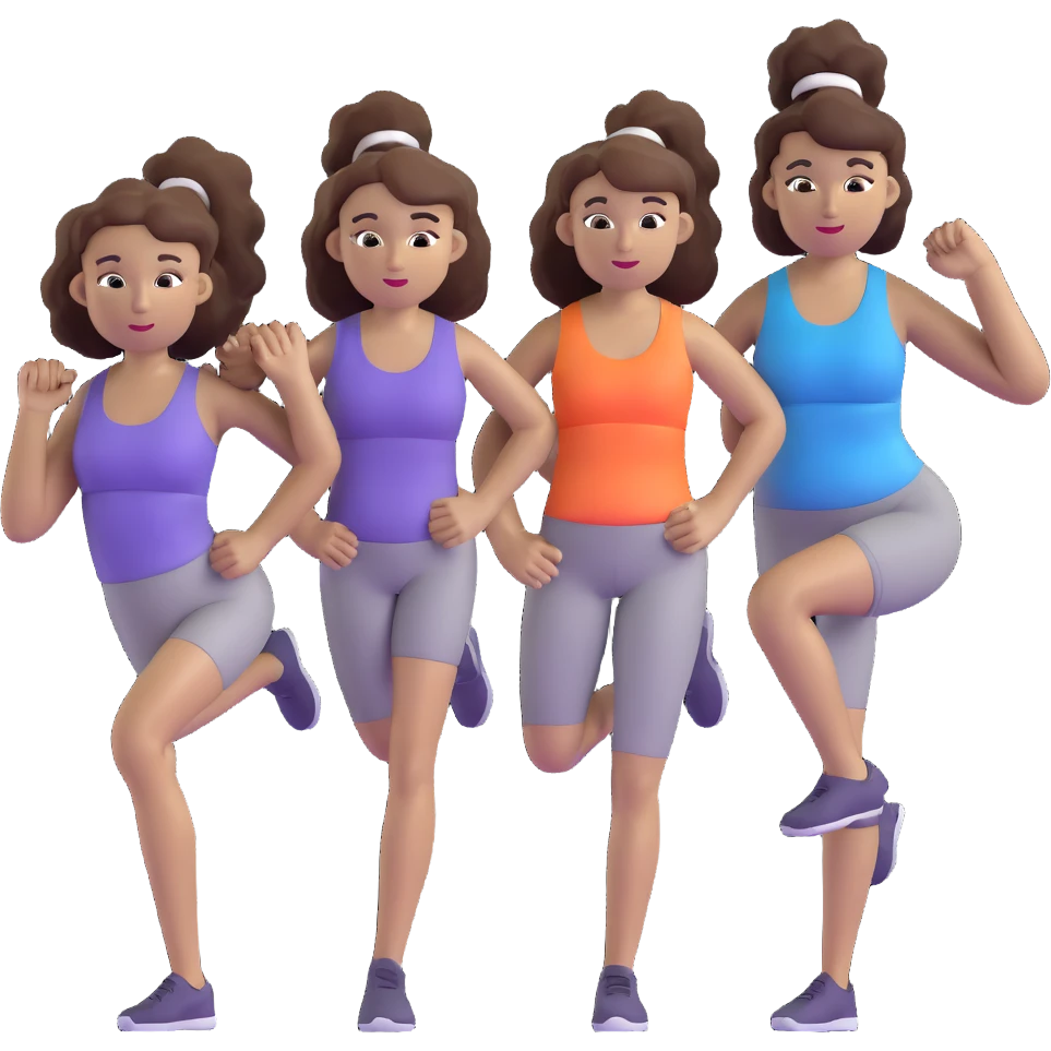 three women friends exercising together, one black woman with curly brown hair, one pale white woman with curly brown hair, and one white woman with straight brown hair in a ponytail positioned on the right emoji