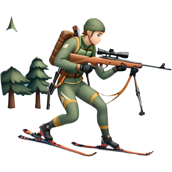 An icon showing a snowy landscape with pine trees, mountains, and a clear sky with a biathlete aiming a rifle in the foreground, wearing winter gear and skis. Transparent background emphasizes the precision, endurance, and beauty of this winter sport. emoji