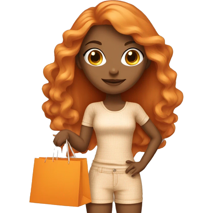 Tan girl with long orange hair wearing cute outfit holding shopping bags emoji