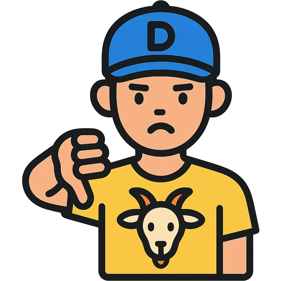 young man with a goat t-shirt, Dodgers hat, giving a thumbs down emoji