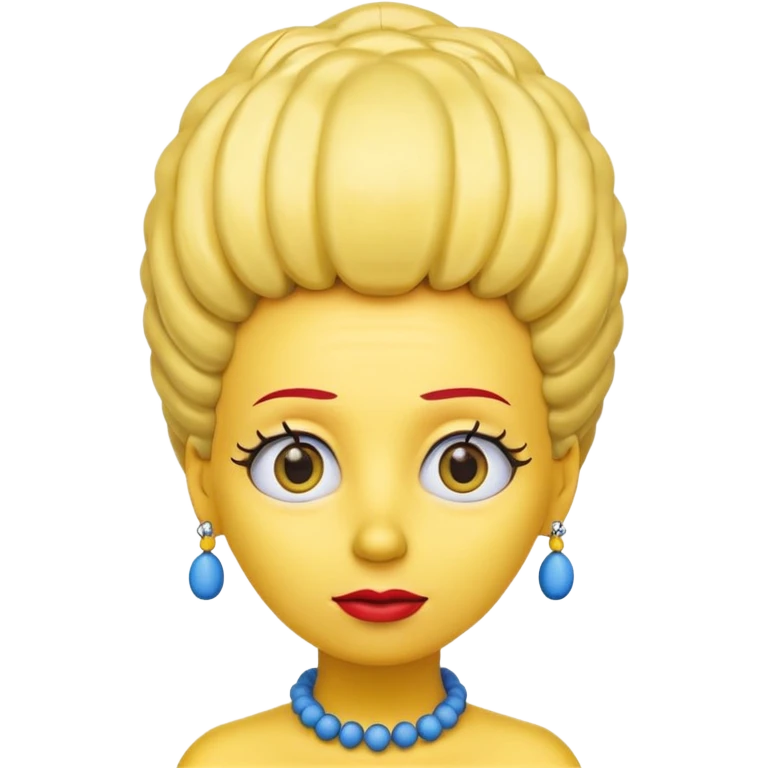 3D emoji head-only, smooth plastic, soft studio light, big round eyes, bold outline, centered, transparent bg,
Marge Simpson, yellow skin, tall cylindrical blue beehive hair, red bead necklace, overbite, no earrings, no eyelashes, no blonde hair emoji