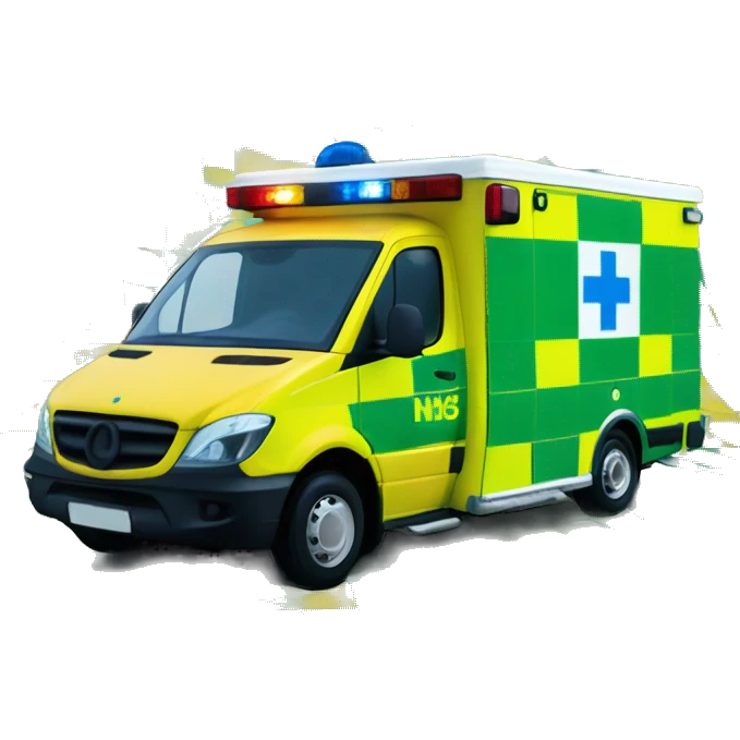 British NHS ambulance, yellow body, with green and yellow checkerboard print along the bottom. NHS blue and white logo on the side. Blue flashing lights emoji