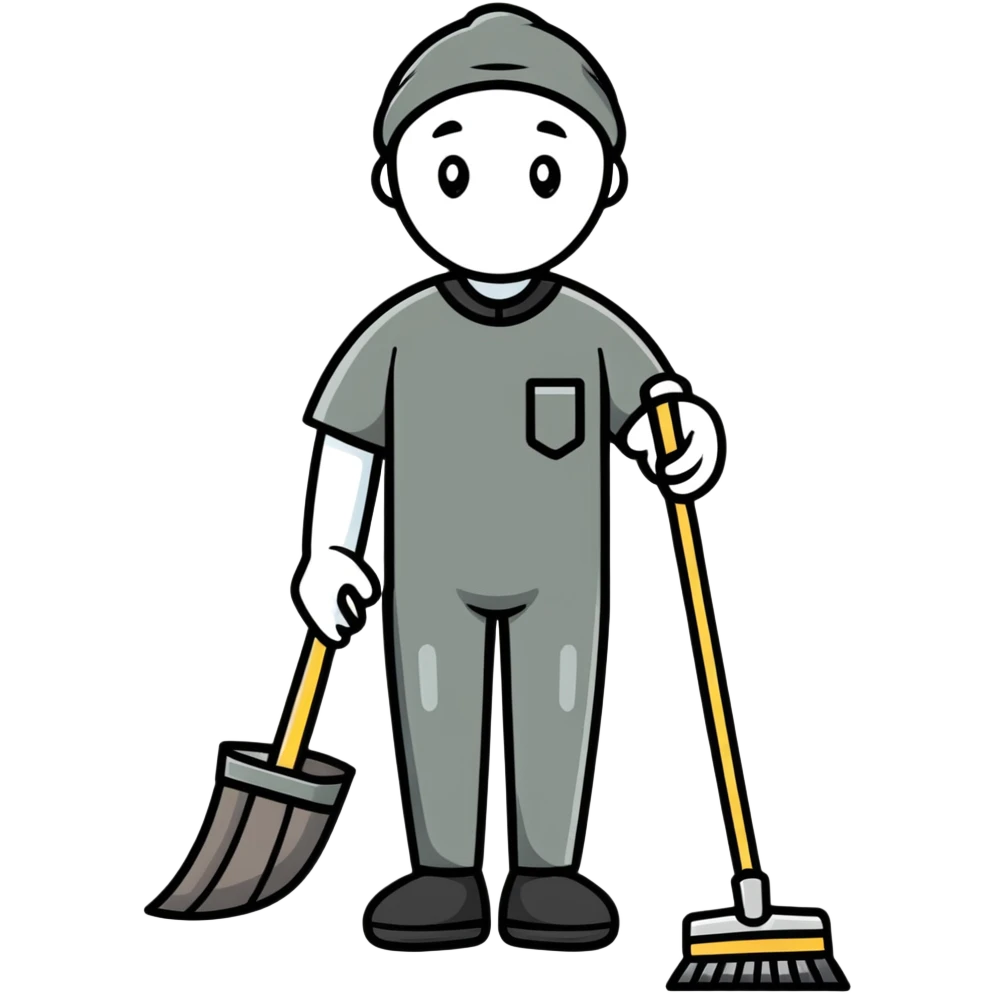 person in dark-grey custodian outfit with cleaning tools emoji
