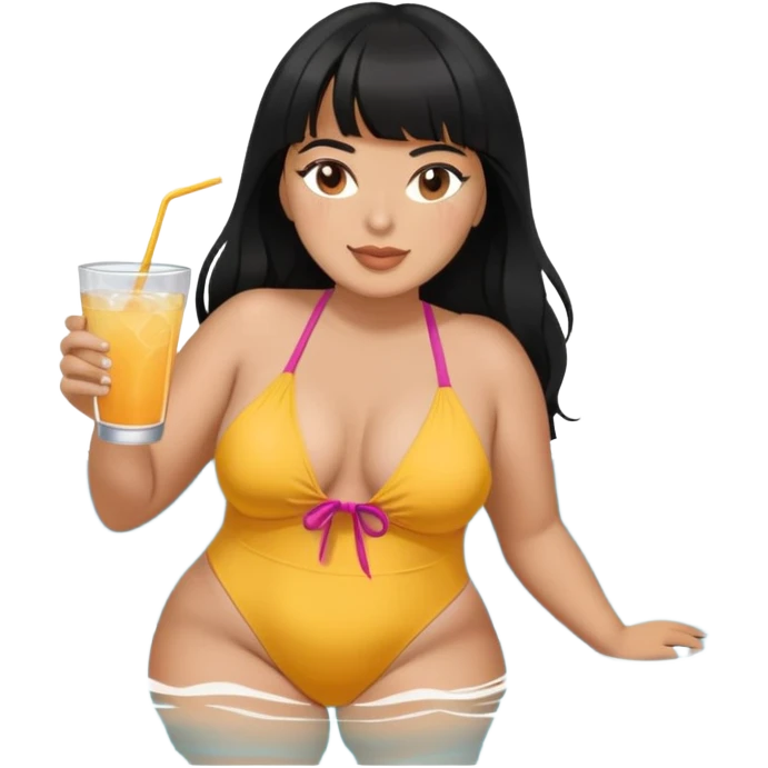 Latina female with bangs black long hair plus size swimming with a drink emoji