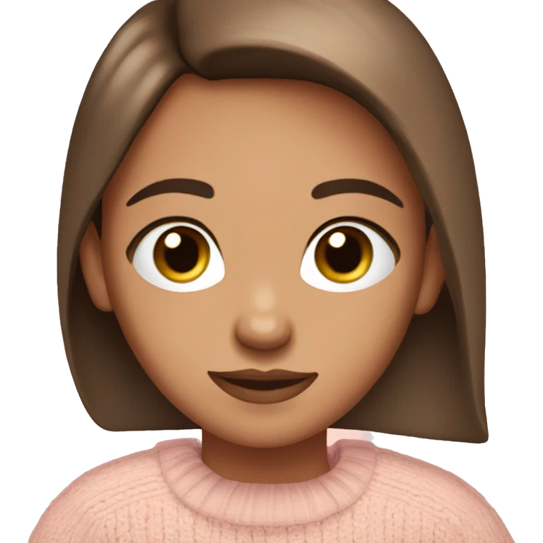 Straight down brown hair,blue eyes, long eyelashes,with peach/tanned  skin in a light pink jumper  emoji