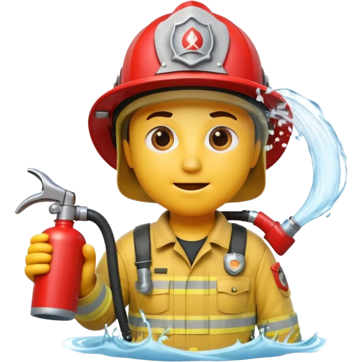 A 3D Apple-style yellow emoji character dressed as a firefighter in a bright red uniform and helmet, holding a fire hose spraying water forward, determined expression with cartoonish eyes, water splashing effect, clean minimal background emoji