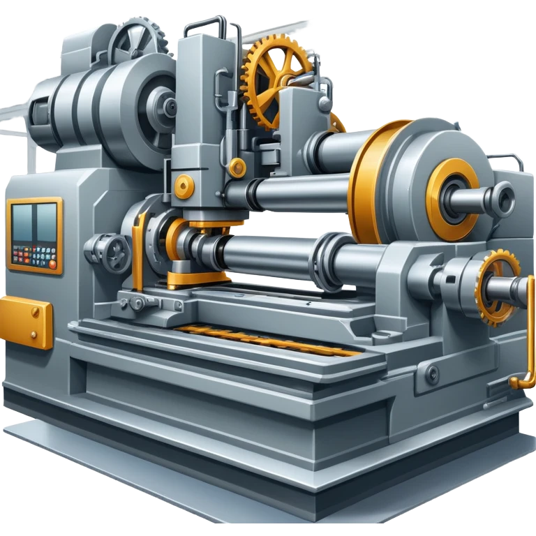 An icon featuring a giant machine tool in a factory, manufacturing machines. The design includes gears, mechanical parts, and a production line, representing the art of mechanical engineering and industrial design. Transparent background highlights precision engineering and manufacturing processes. emoji