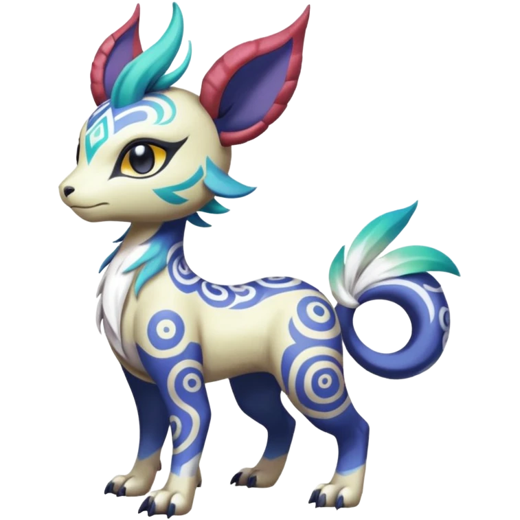 Tropical Tiny Marked Patterned Tribal Colorful Skilled Adept Graceful Asian Painted Garurumon-Meloetta-Absol-Suicune-Cobalion-fusion-hybrid-creature (full body) emoji