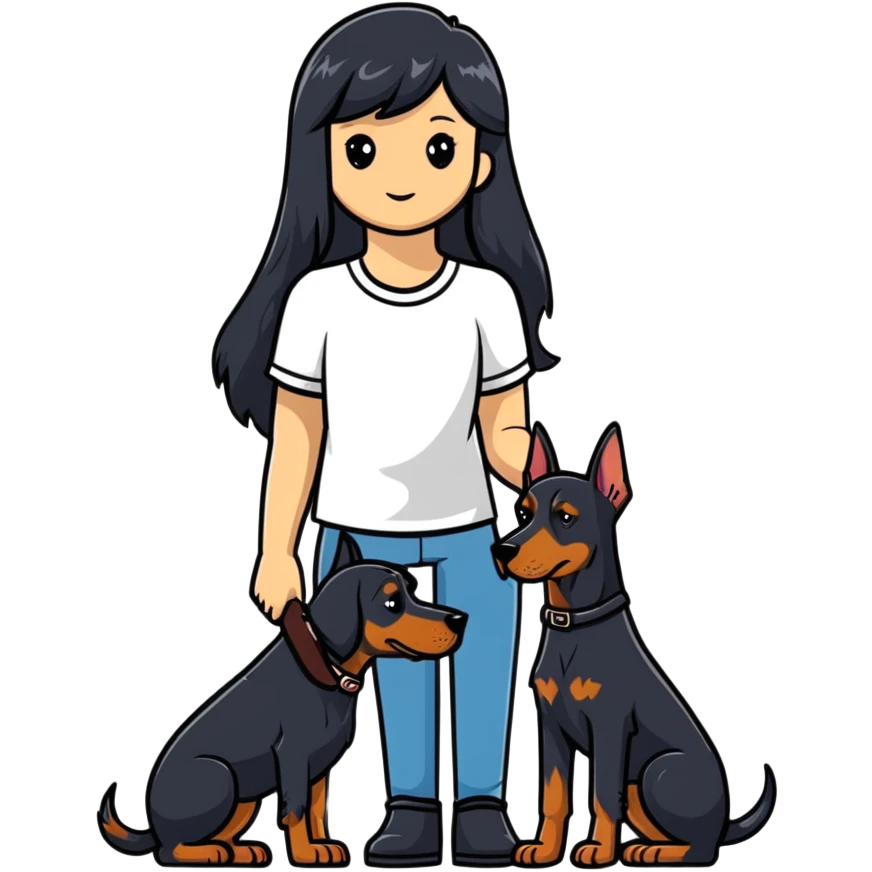 Black long-haired girl holding Doberman emoji