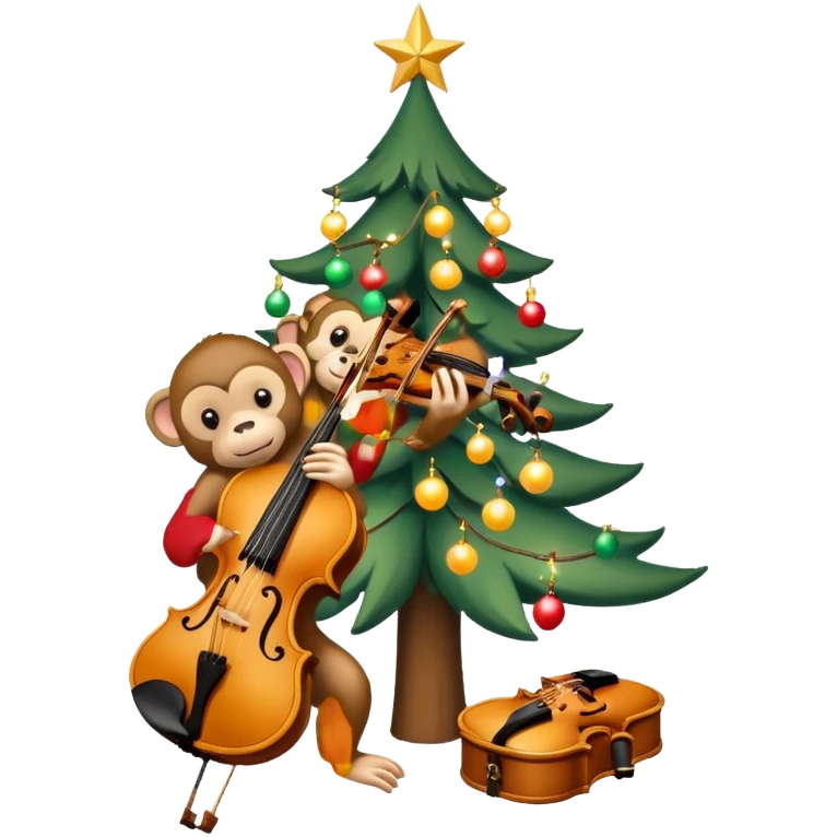 sapin de Noël décoré d'une guirlande lumineuse et de boules  avec un violon à la place du tronc et un petit singe perché au sommet en train de mettre l'étoile de Noël emoji