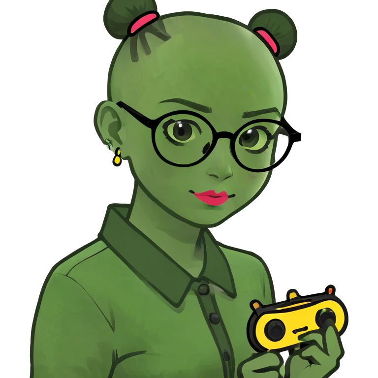 create a half Japanese girlie with glasses holding buzzers and part of her head shaved. She has concepts of a psychotic break. emoji