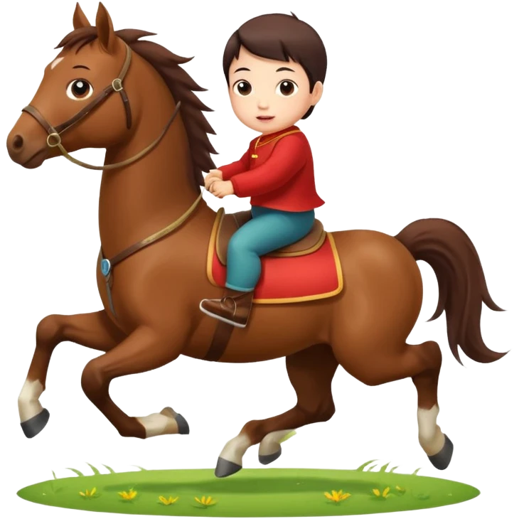 l little chinese baby riding on a  cute horse running really fast on the grass with 2026 year's label emoji