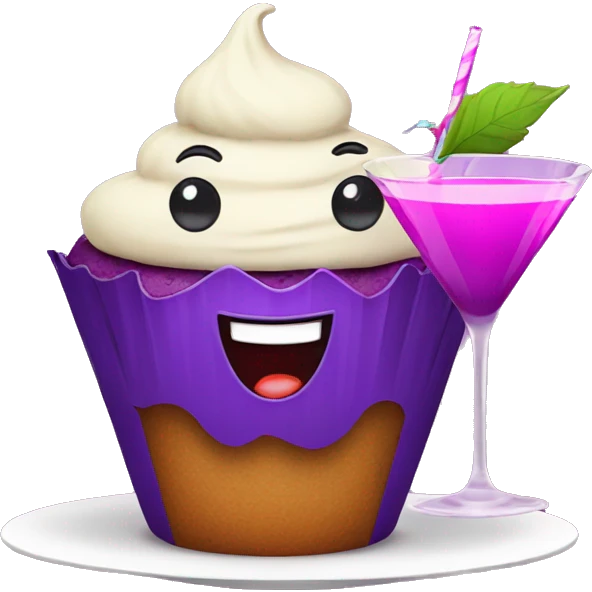 Happy faced purple muffin partying with Cocktail emoji