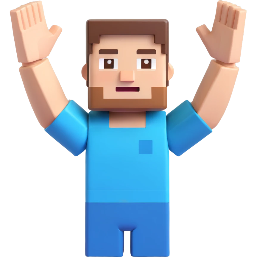 Minecraft Steve jumping, arms up, blocky pixelated look, happy face, 3D emoji style emoji