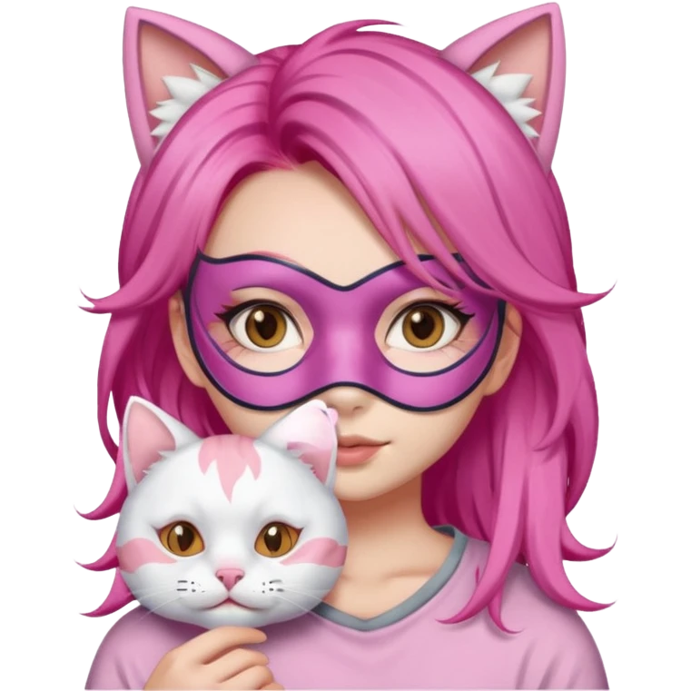 Asian girl with pink hair mask sheet whole face with one cat emoji