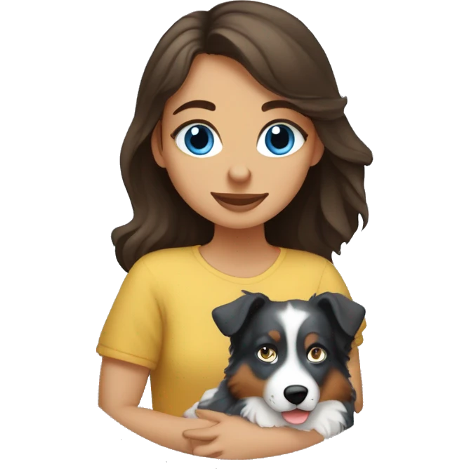 Brunette blue blue-eyed girl hugging Tricolored Australian Shepherd emoji
