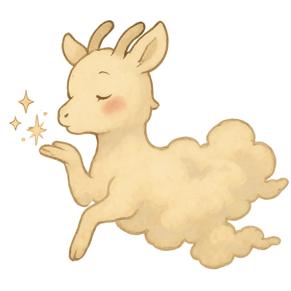 vanilla-colored cloud doe with rosy cheeks, floating gently while blowing a kiss with sparkles, soft ghibli style emoji