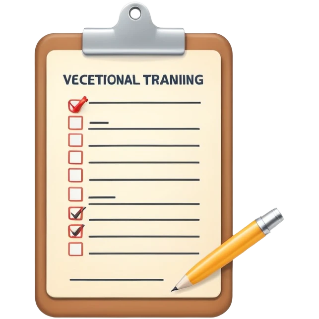 A flat-style illustration of a clipboard with a checklist, symbolizing vocational training. Clean, simple, cartoon style, white background, iOS emoji aesthetic. emoji