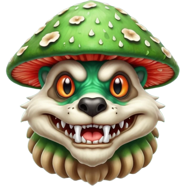 poisonous mushroom beast portrait, head and shoulders only, wolf-like face, mushroom cap growths on head, glowing green spores, sharp teeth, fantasy animal monster style, 3D cartoon, mobile game icon style, clean background, no text, no watermark

 emoji