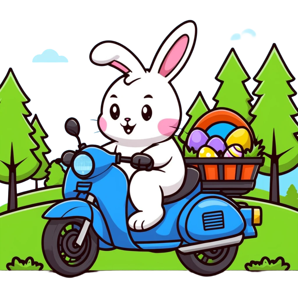 Easter bunny riding a BMW boxer motorcycle with trees and grass in the background emoji