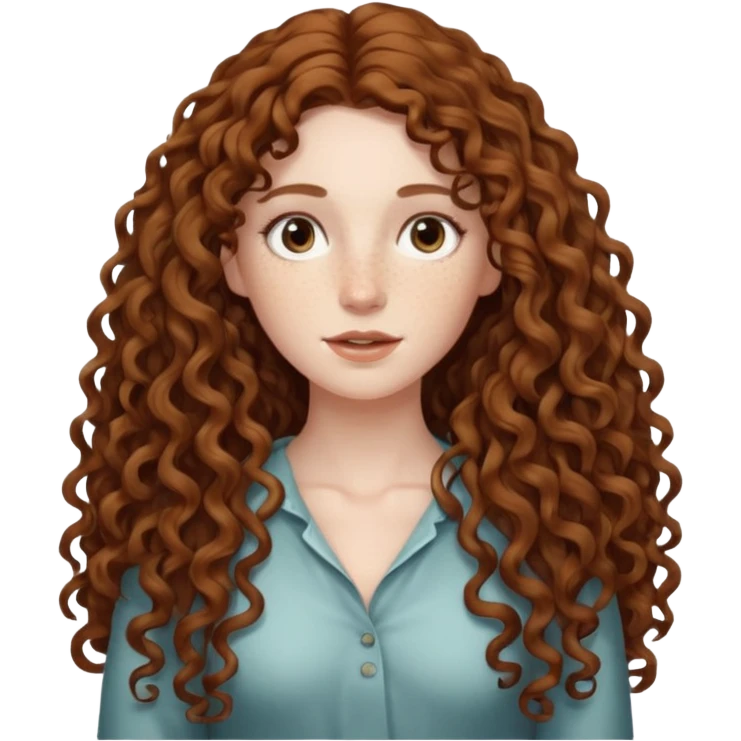 pale woman with brown curly very long hair, middle part. the hair is very long, waist length, but you can't see her waist emoji